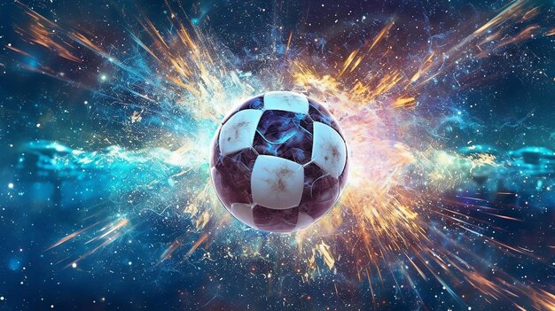 Conceptueel digitaal kunstwerk met een exploderende voetbal met lichtstralen en deeltjes tegen een kosmische achtergrond.