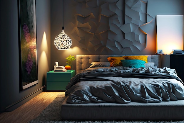 Conceptueel interieur met heldere accenten van grijs bed en bedlampje