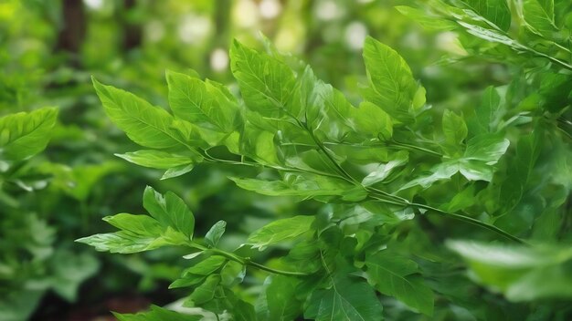 Conceptueel natuurgezicht van groen gebladerte op een wazige achtergrond van groen