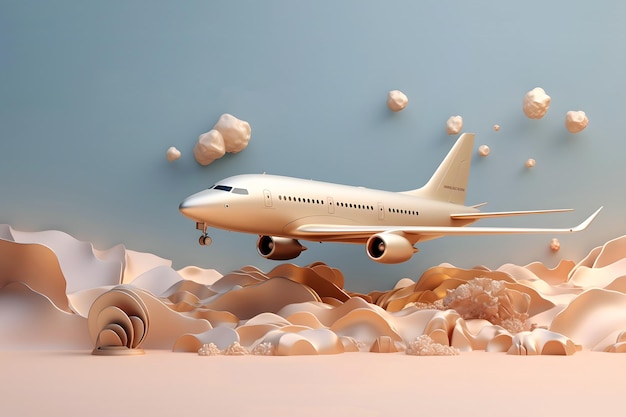 Conceptuele 3D-achtergrond met vliegtuig en heuvel in koper goud tint