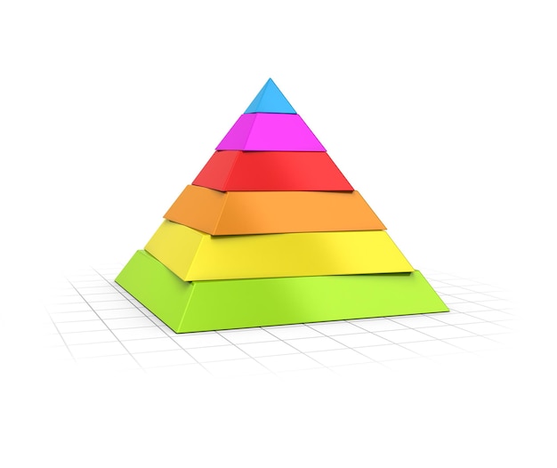 Conceptuele 3D render van een zes lagen piramide over perspectief achtergrond.