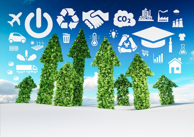Conceptuele afbeelding van duurzame ontwikkeling. 3d illustratie van verse groene bladpijlen die uit sneeuwveld groeien en naar ecologie gerelateerde pictogrammen wijzen.