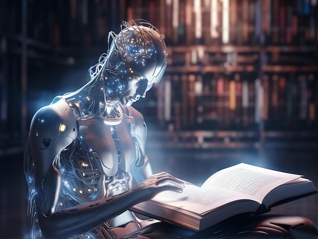 Conceptuele afbeelding van een robot die een boek leest Machine learning kunstmatige intelligentie concept
