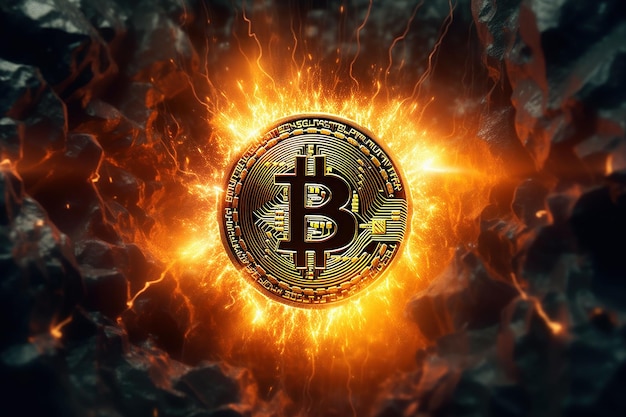 Conceptuele Bitcoin-valuta in explosie op zwarte achtergrond IA generatief