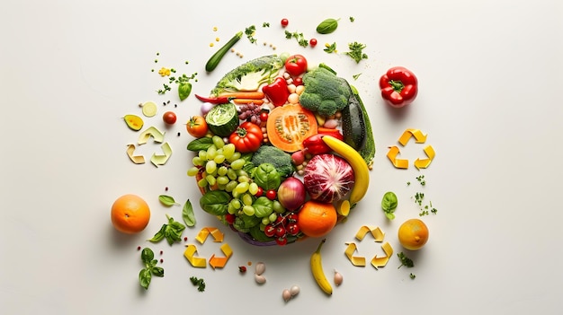 Foto conceptuele bol van fruit en groenten omringd door recyclingsymbolen die de wereldwijde toewijding aan duurzame voeding weergeven