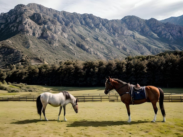 Conceptuele diverse paarden op de weide op het platteland met bossen en rotsachtige valleien