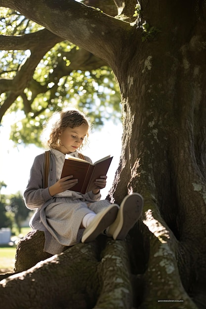 Conceptuele fotografie van een jong meisje dat onder een boom leest