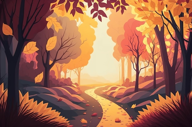 Conceptuele herfstscène met gouden bomen, felle zon en prachtige bladeren