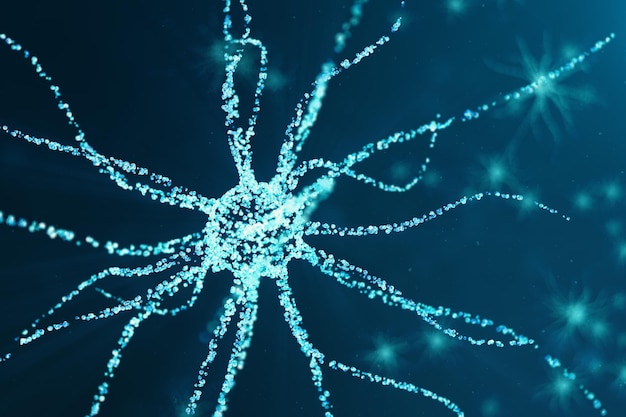 Conceptuele illustratie van neuroncellen met gloeiende verbindingsknopen. Synaps- en neuroncellen sturen elektrische chemische signalen. Neuron van onderling verbonden neuronen met elektrische pulsen, 3D illustratie