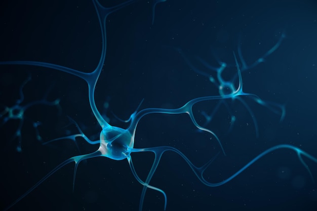 Conceptuele illustratie van neuroncellen met verbindingsknopen. Synaps- en neuroncellen sturen elektrische chemische signalen. Neuron van onderling verbonden neuronen met elektrische pulsen. 3D illustratie