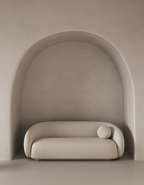 Conceptuele interieurkamer met gebogen stucwand creatieve compositie bank met boog in warm beige p