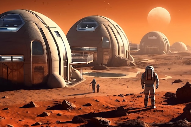 Conceptuele visualisatie van astronauten die een kolonie stichten op Mars