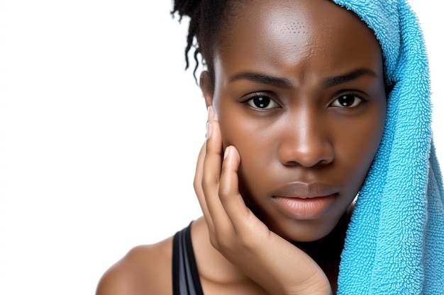 Concerned African woman with blue towel hand on face black tank top glistening skin intimate and expressive portrait