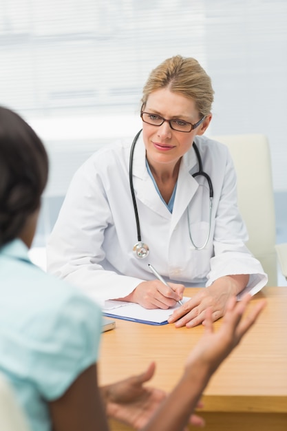 Concerned doctor listening to her patient and taking notes