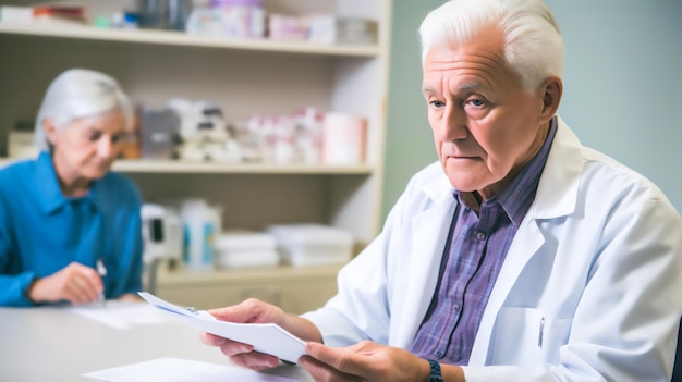 a concerned elderly patient sitting in a doctor's office holding a prescription for corticosteroid