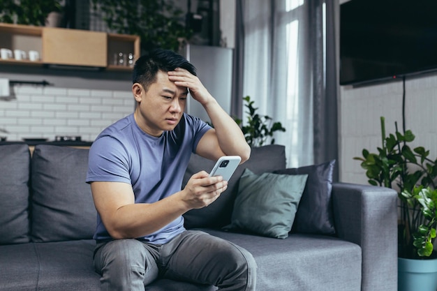 집에서 소파에 앉아 있는 아시아인 전화 화면을 보고 온라인에서 뉴스를 읽고 있는 걱정스러운 남자 심각하고 슬픈