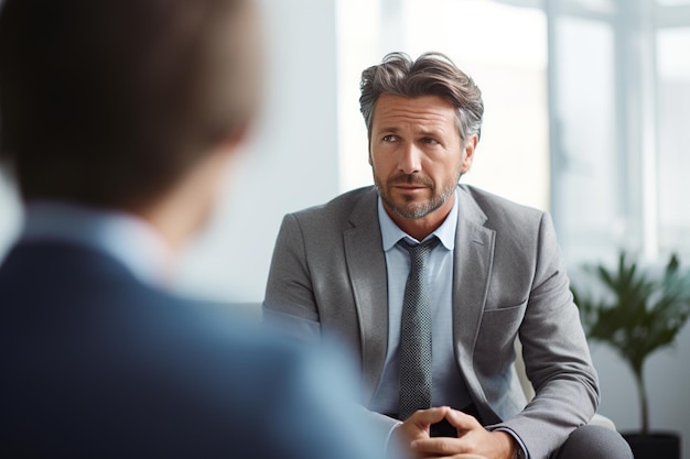 Concerned MiddleAged Man in Suit Consulting Psychotherapist in Office