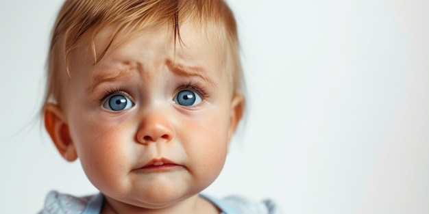 Photo concerned toddler with furrowed brow and blue eyes