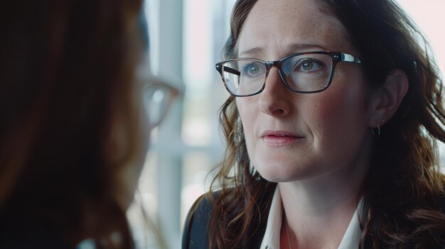 A concerned woman listens intently her furrowed brow reflecting the gravity of the conversation