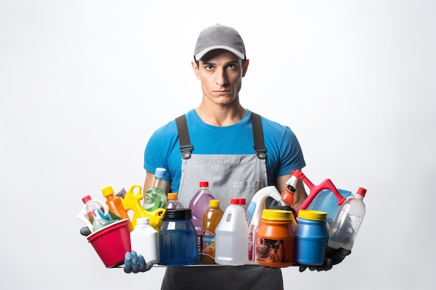 Concerned young handsome cleaning guy wearing tshirt and cap holding bucket of cleaning tools