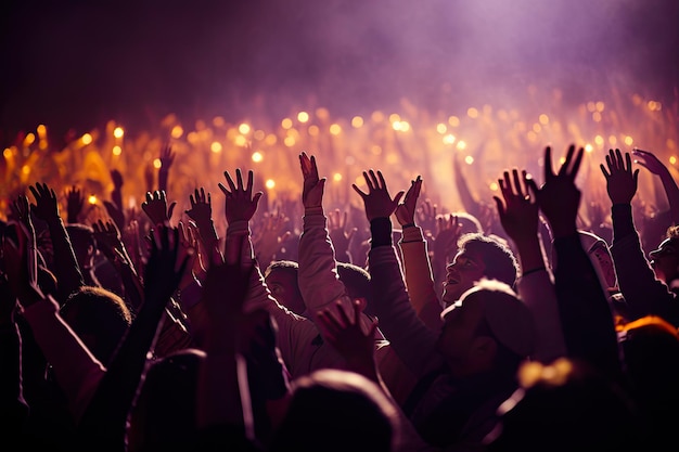 Концертная толпа на музыкальном фестивале подняла руки вверх