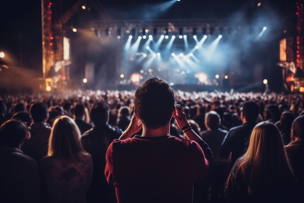 concert crowd silhouette in front of bright stage lights Dark background smoke concert spotlights nightclub