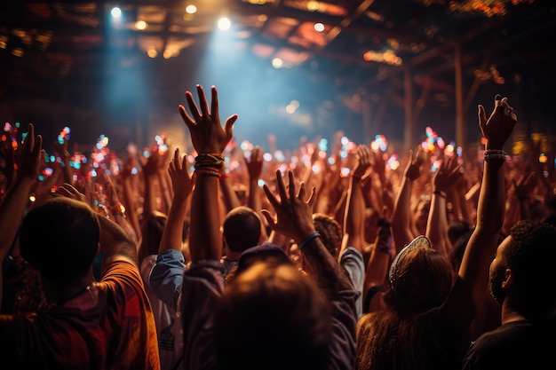 Толпа на концерте с поднятыми руками на музыкальном фестивале профессиональная рекламная фотография