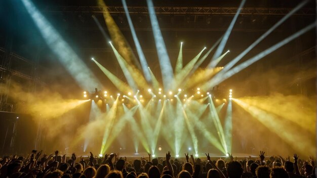 Concert crowd with raised hands and stage lights