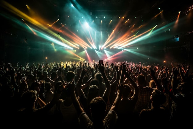 Concert crowd with their hands raised on red yellow lights generative AI