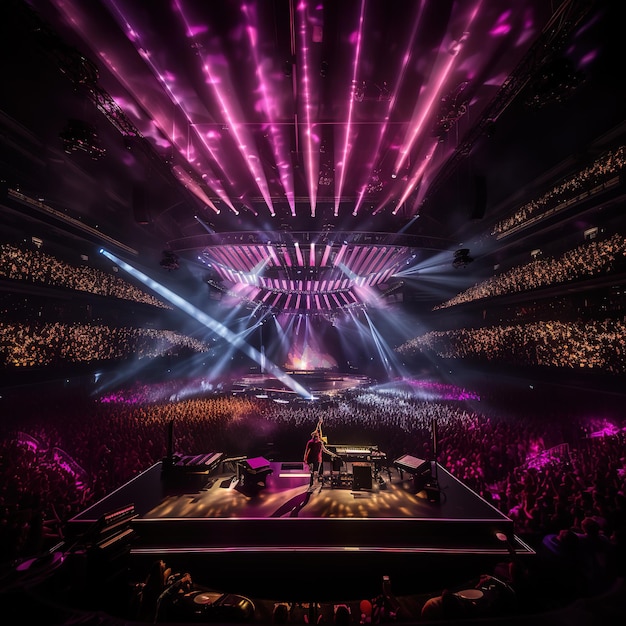 A concert hall with a large stage with a pink light