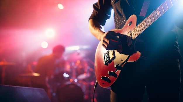 Foto band di concerti dal vivo chitarrista sul palco per lo sfondo concept morbido e sfocato ai generato