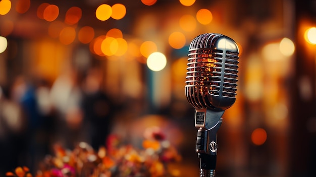 Concert Microphone Against Stage with Colorful Lighting