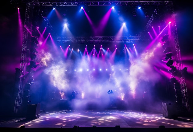 Concert Stage Landschap Met Schijnwerpers Gekleurde Lichten Rook