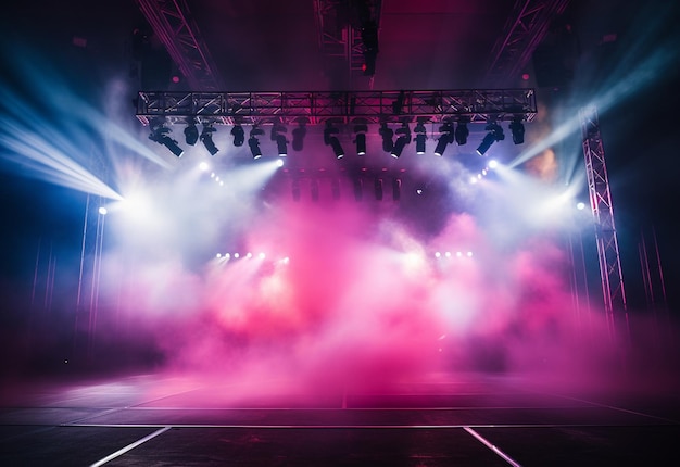 Concert Stage Landschap Met Schijnwerpers Gekleurde Lichten Rook