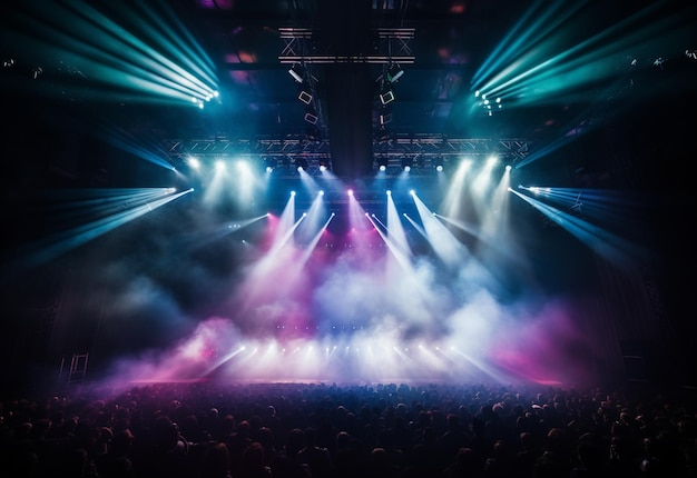 Concert Stage Landschap Met Schijnwerpers Gekleurde Lichten Rook