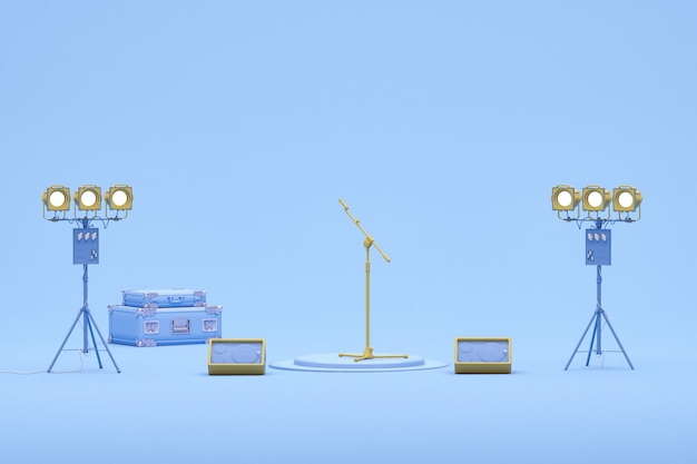 Concert stage with microphone and speakers on blue background\
in yellow colors minimalism concept