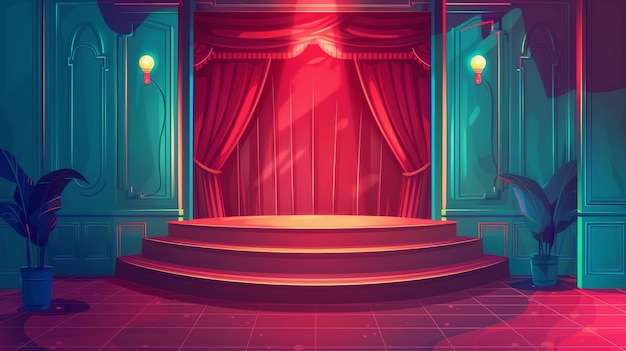 Photo concert stage with red curtain and spotlight modern background music or movie podium in empty cinema school comedy performance showtime platform illustration