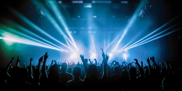 A concert with lights on and a crowd of people in the foreground