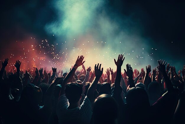 a concert with people raising their hands in the air