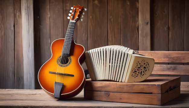 a concertina and mandolin leaning against an antique wooden bench in a quaint countryside barn