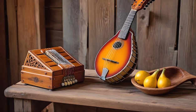 a concertina and mandolin leaning against an antique wooden bench in a quaint countryside barn