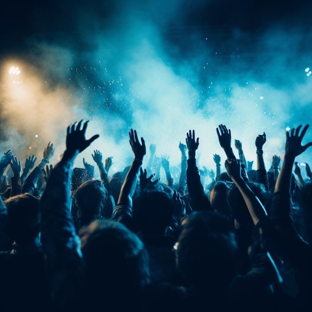 Concertscène in blauw licht met publiek dat de handen in de lucht steekt