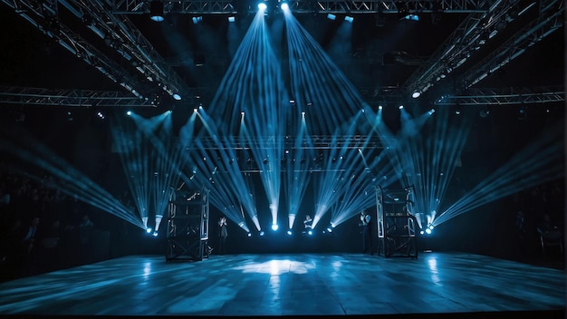 Concertscene met intense blauwe podiumlichten