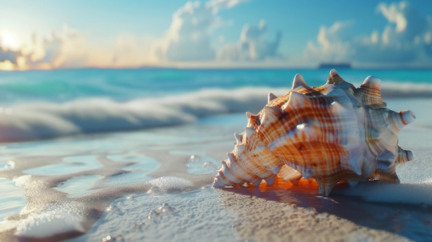 Conch shell on sand with waves