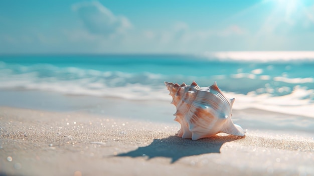 Conch shell on sand with waves