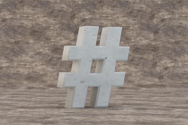 Concrete 3d hashtag symbol. Hard stone sign on wooden background. Concrete alphabet with imperfections. 3d rendered font character.