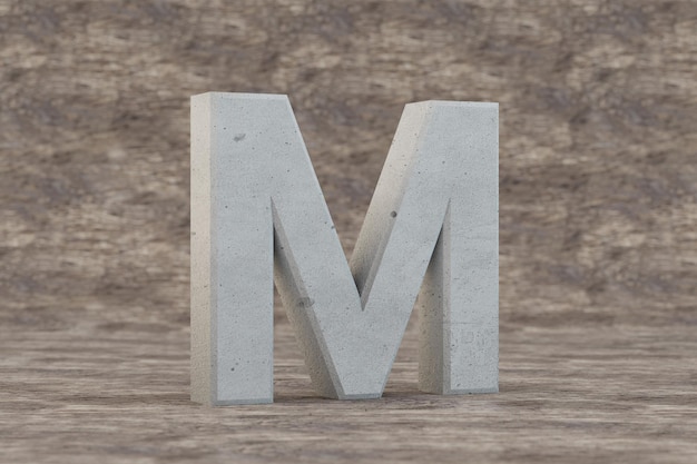 사진 콘크리트 3d 문자 m 대문자입니다. 나무 배경에 단단한 돌 편지입니다. 불완전한 콘크리트 알파벳입니다. 3d 렌더링된 글꼴 문자입니다.