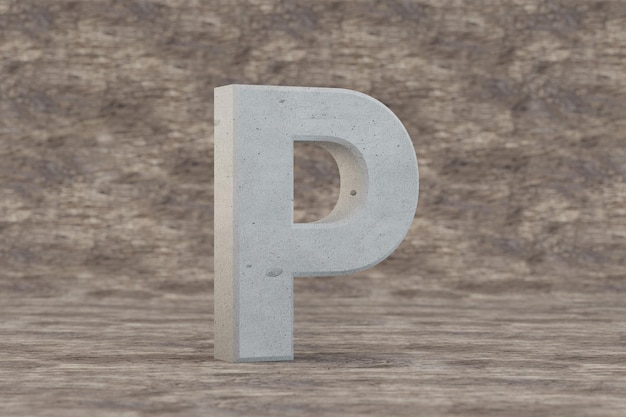 写真 コンクリート3d文字p大文字。木製の背景に硬い石の手紙。欠陥のある具体的なアルファベット。 3dレンダリングされたフォント文字。