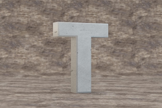 Photo concrete 3d letter t uppercase. hard stone letter on wooden background. concrete alphabet with imperfections. 3d rendered font character.