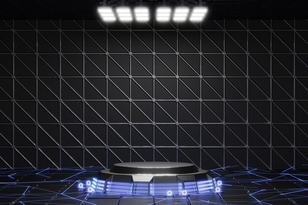 Фото Бетонный фон, освещенный прожекторами футуристический фон гараж футуристичный коридор экспозиционная комната светодиодные огни хангар бетонное прожекторное освещение 3d-рендеринг